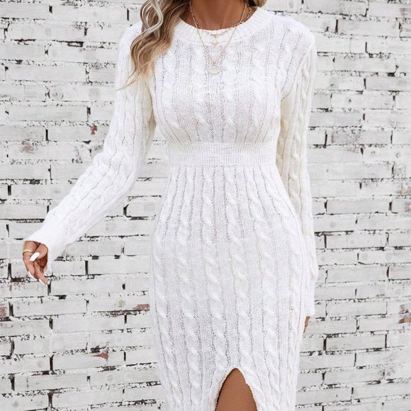 Cable Knit Split Hem Sweater Dress - Picture 2 of 5